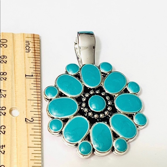 Premier Designs Reversable Enamel Pendant Teal Blue Red Flower - Picture 6 of 11